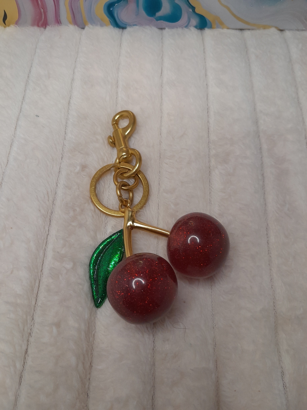 Gold Cherry Keychain Bag Charm with Red Glitter Cherries - Picture 5 of 5